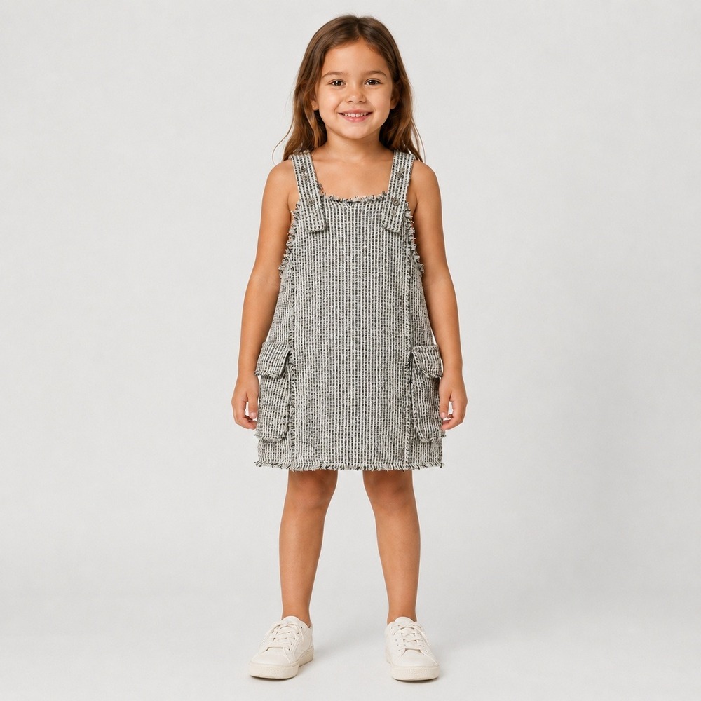 Zara Girls Boucle Tweed Pinafore Dress Cargo‎ Pocket Jumper Size 6 NWT